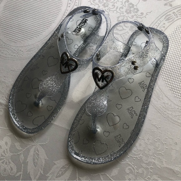 Michael Kors Girls Size 4 Silver Sparkly Rubber Sandals Open-Toe Shoes Flip-Flop - Picture 7 of 12